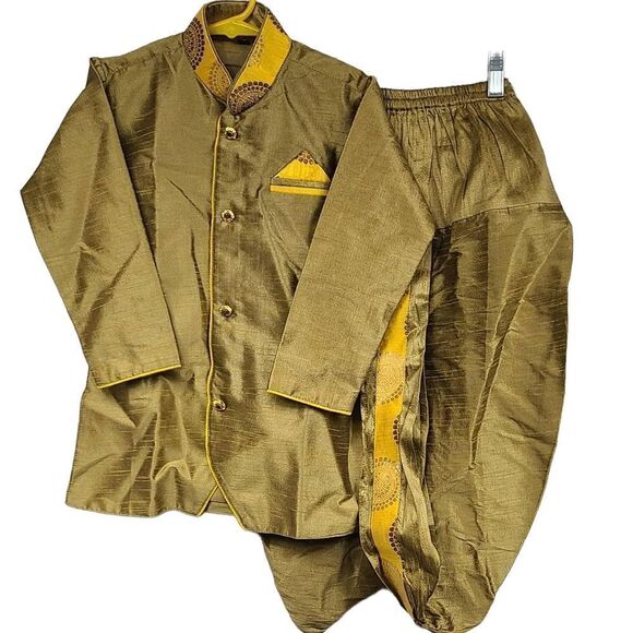 Golden Dupion Silk Kids Dhoti Kurta Pajama Boys Size 4 Ethnic Indian Wedding 2pc - Picture 1 of 15